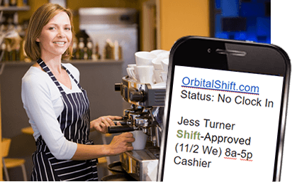 Barista working with a text message in a cell phone.