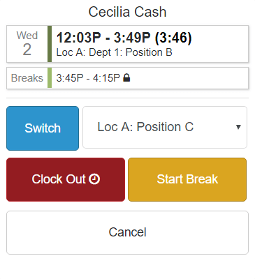 Employee breaks are displayed on punch clock app.