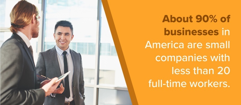 About 90% of businesses in America are small companies with less than 20 full-time workers.